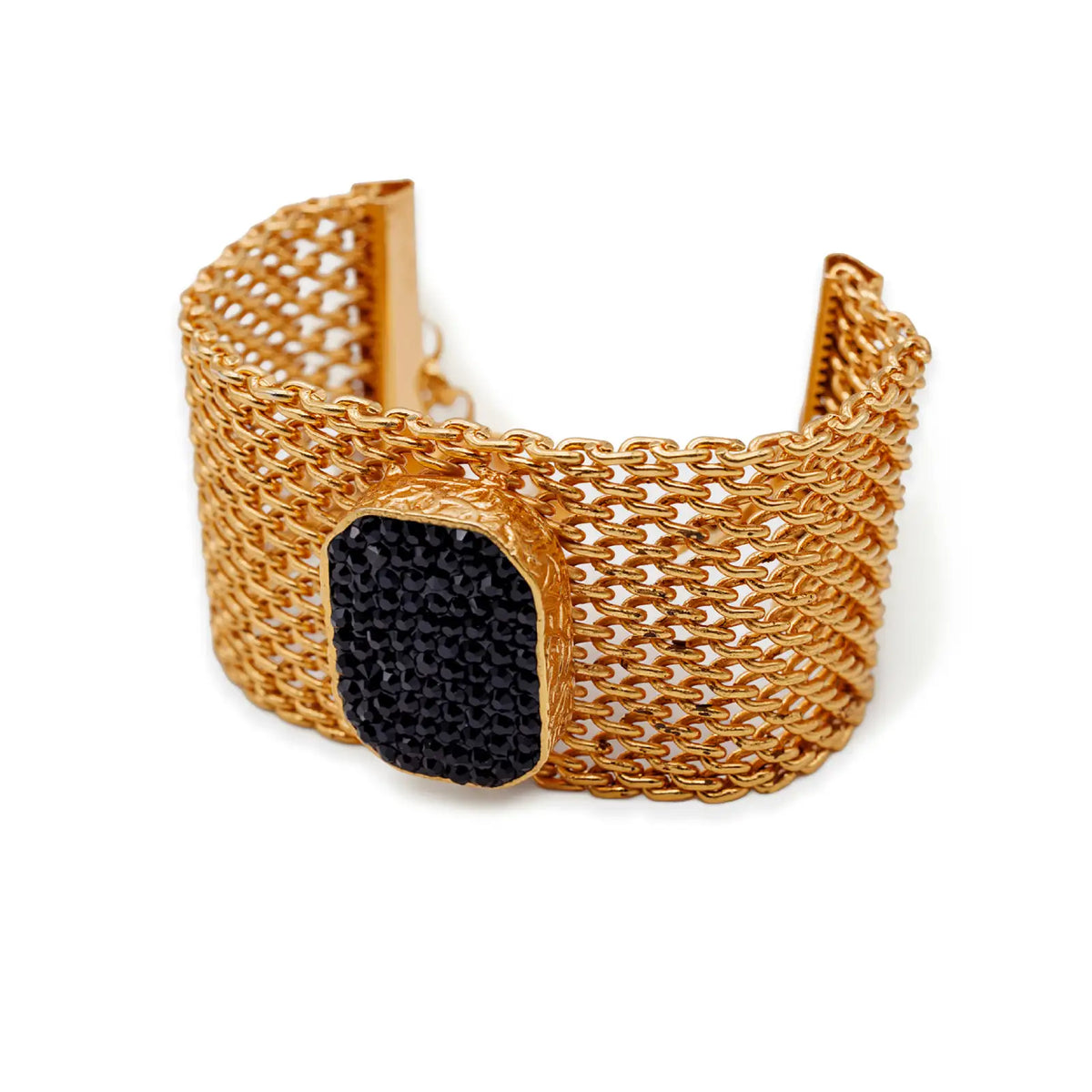 Goldfarbenes Mesh-Armband mit schwarzem Glitzer-Element