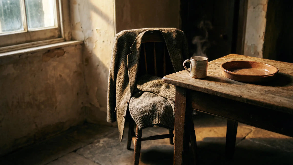 Moody Stillleben am Fenster mit Mantel, Strickpullover und Kaffeetasse auf Holztisch, Avirelle.