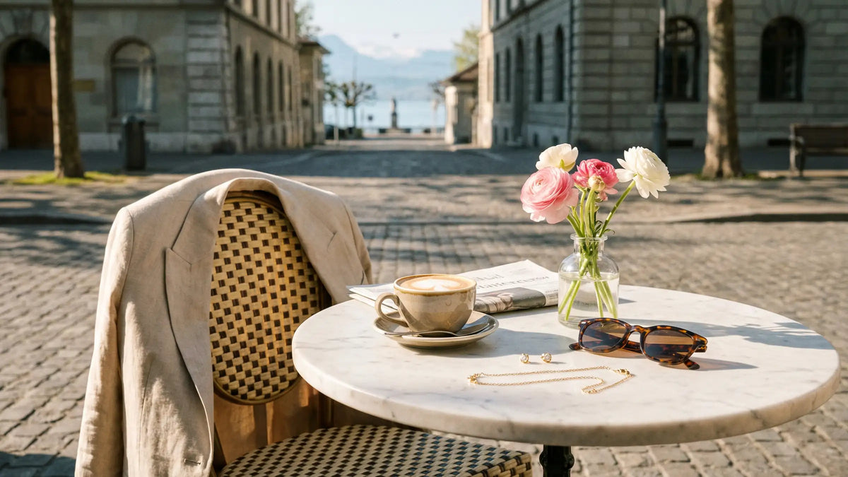 Ein atmosphärisches Foto eines runden Marmor-Cafétisches auf einer europäischen Kopfsteinpflasterstrasse bei Sonnenaufgang. Auf dem Tisch sind ein Cappuccino, eine Vase mit rosa Ranunkeln, Sonnenbrillen, eine gefaltete Zeitung und zarter, filigraner Goldschmuck (eine Kette und Ohrstecker) arrangiert. Eine beigefarbene Leinenjacke hängt über einem geflochtenen Stuhl im Hintergrund. Der Blick führt die Strasse hinunter zu einem See und Bergen in der Ferne.