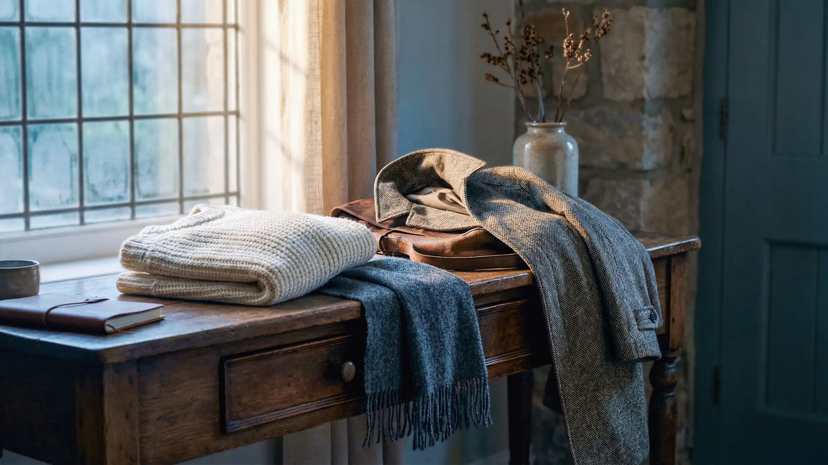 Eine ruhige Winter-Alltagsszene mit Wolle, Mantel und Schal im Fensterlicht.