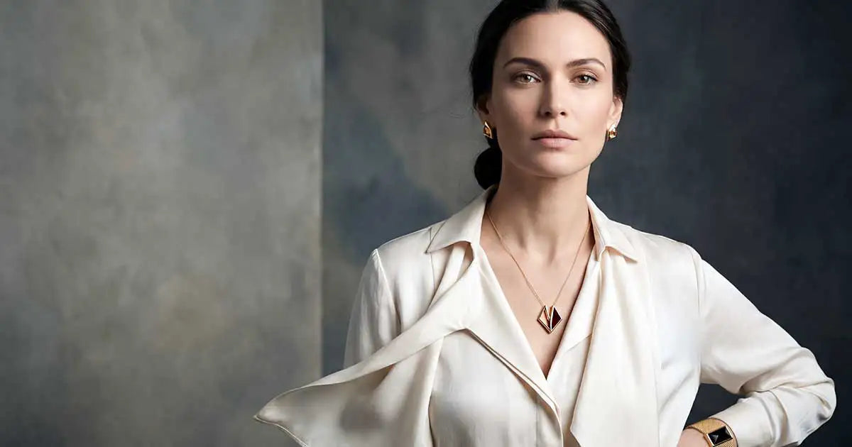 Editorial-Porträt einer Frau mit geometrischem Schmuck in Goldoptik, weisser Seidenbluse und modernem Frühlingslook mit klaren Kanten.