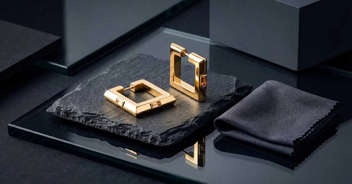 Geometrische goldfarbene Modeschmuck-Ohrringe auf dunkler Steinplatte und Glasfläche mit Mikrofaser-Tuch zur schonenden Aufbewahrung.