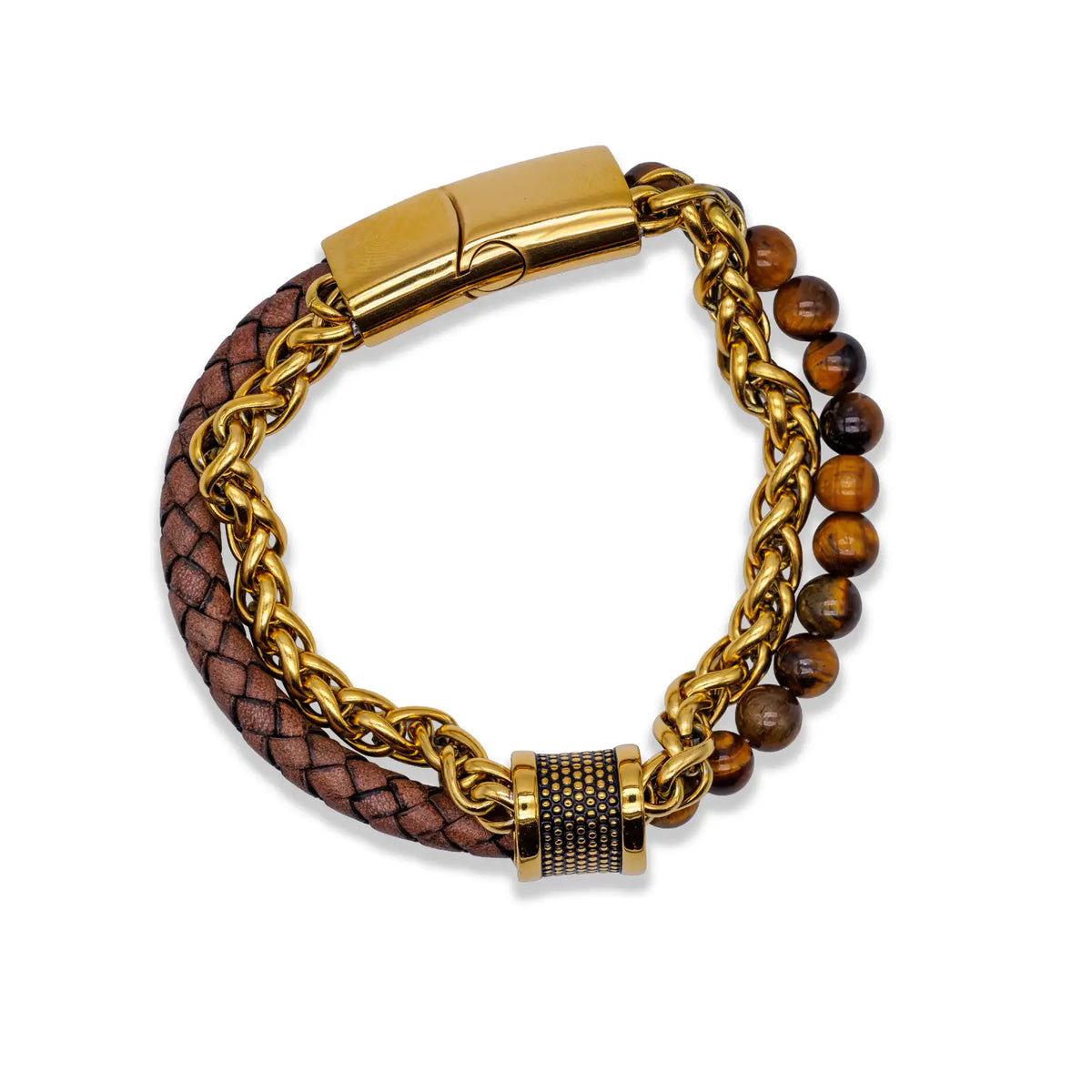 Statement pur: Dein goldfarbenes Armband aus Edelstahl, Leder & Naturstein