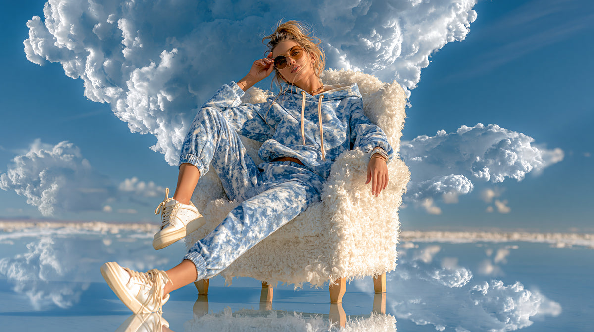 Selbstbewusste Frau mit Sonnenbrille sitzt in einem grossen, weissen Sessel inmitten von surrealen Wolken über einer spiegelnden blauen Oberfläche, während sie dezenten goldfarbenen Schmuck trägt.