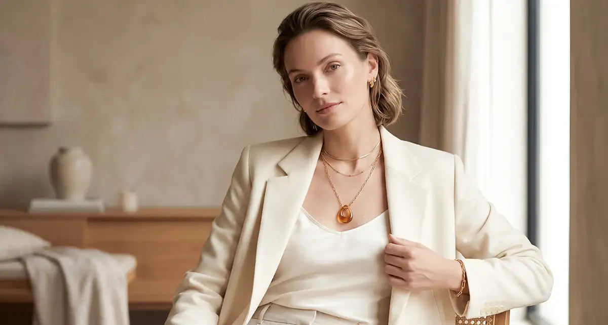 Elegant gestylter Acrylschmuck im Layering-Look mit goldfarbenen Ketten und bernsteinfarbenem Anhänger, Avirelle.