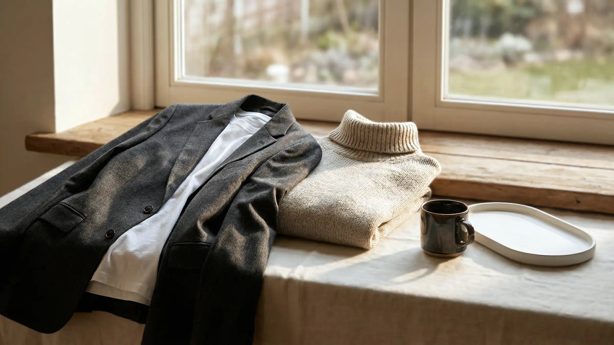 Blazer und heller Rollkragenpullover am Fensterbrett, Kaffeetasse daneben – ruhige Wintermorgen-Stimmung, Avirelle.