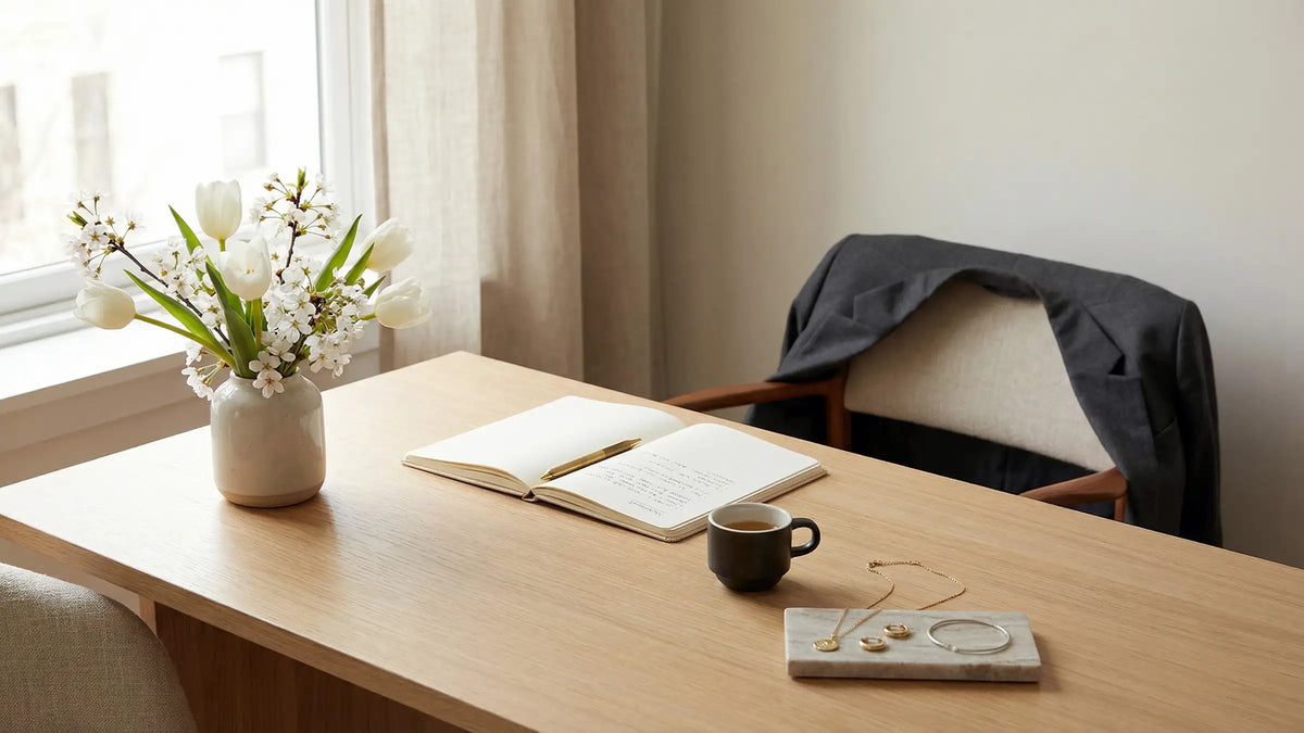 Minimaler Schmuck auf hellem Office-Schreibtisch mit Notizbuch und Frühlingsblumen, dezenter Look. Avirelle.