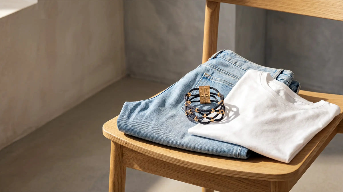 Goldfarbenes Armband mit Magnetverschluss auf Jeans und weissem T-Shirt im Tageslicht, Avirelle.
