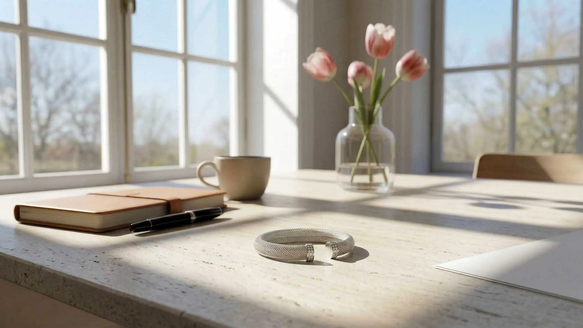 Frühlingslicht am Meeting-Tisch: silberfarbener Mesh-Armreif, Notizbuch, Tasse und Tulpen, klare Schatten. Avirelle.