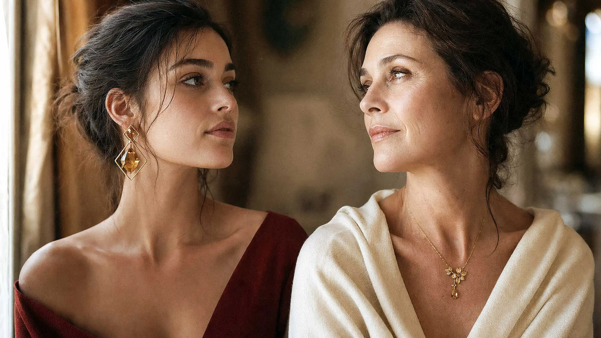 Zwei Frauen, Mutter und Tochter, tragen modern kombinierten Modeschmuck in Goldoptik – Verbundenheit ohne Partnerlook.