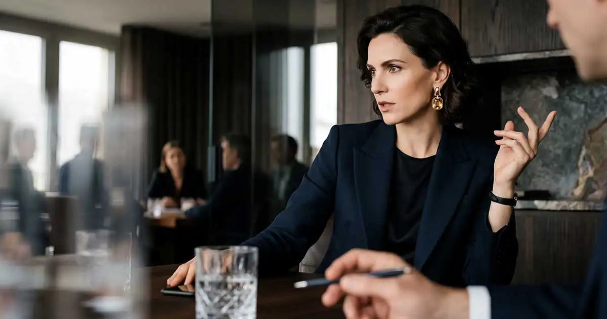 Selbstbewusste Frau im Business-Meeting trägt auffällige goldfarbene Statement-Ohrringe mit topazfarbenem Kristall zum dunkelblauen Blazer.